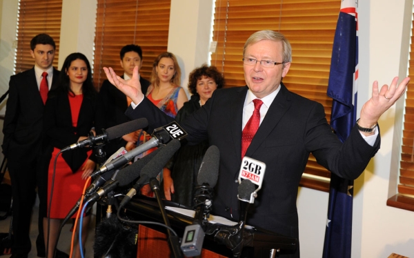 Former Australian prime minister and then foreign minister Kevin Rudd gestures during a press conference following the Labor leadership challenge at Parliament House in Canberra on February 27, 2012. (Torsten Blackwood/AFP/Getty Images)