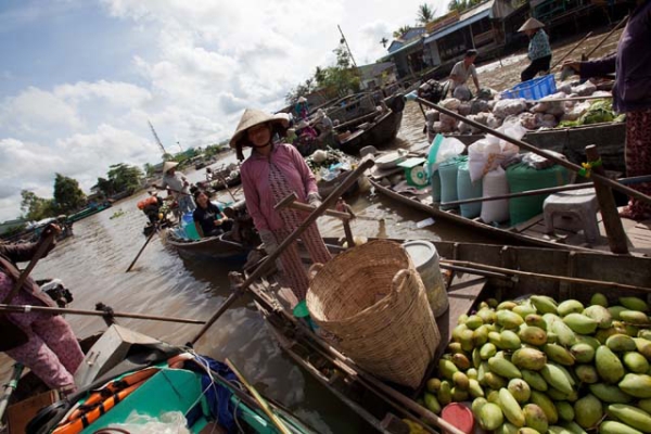 Mangoes are among the many fruits sold at the floating market. (Hélène Franchineau)
