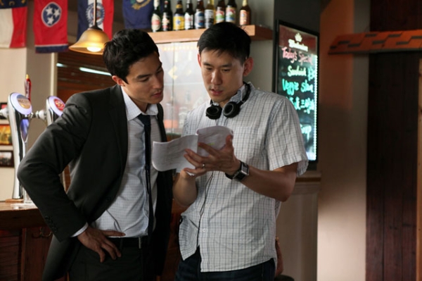 'Shanghai Calling' star Daniel Henney (L) on-set with director Daniel Hsia (R). (Gao Yuping)