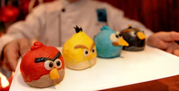 Angry Birds mooncakes based on the worldwide hit game by Finnish entertainment media company Rovio are displayed during a preview at a restaurant in Singapore on July 3, 2012. (Roslan Rahman/AFP/GettyImages)