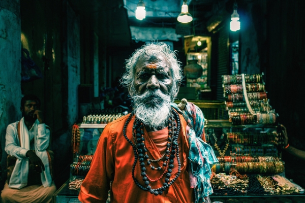 An old "sadhu" or monk poses for a photo in Varanasi, India on July 8, 2012. (bestarms/Flickr)