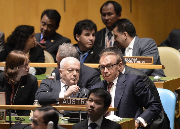 Australia Foreign Minister Bob Carr (R) during the United Nations General Assembly session October 18, 2012 before the vote for non-permanent membership of the UN Security Council for the years 2013-2014 in New York. (Stan Honda/AFP/Getty Images)