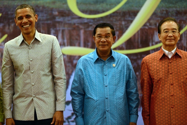 L to R: President Obama, Cambodian Prime Minister Hun Sen and Chinese Prime Minister Wen Jiabao pose for a "family photo" ahead of a gala dinner at the ASEAN summit in Phnom Penh on Nov. 19, 2012. (Christophe Archambault/AFP/Getty Images) 