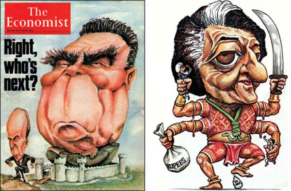 KAL's most infamous caricature may be his 1984 drawing (L) of then-Indian Prime Minister Indira Gandhi. (KAL)