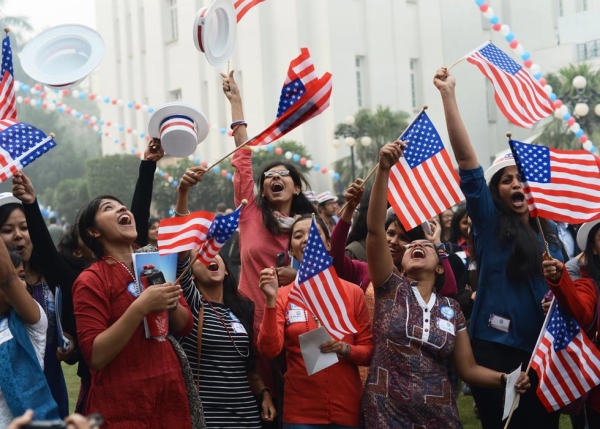 Indian university students in Delhi celebrated as U.S. President Barack Obama won his second term in office on November 7, 2012. (Roberto Schmidt/AFP/Getty Images)