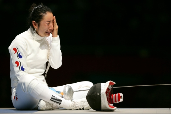South Korean épée fencer Shin A-Lam after losing due to a clock stoppage issue during the Women's Epee Individual Fencing Semifinals at the Olympics in London on July 30, 2012. (Hannah Johnston/Getty Images)