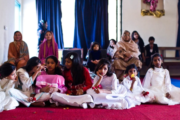 The young girls in attendance wore white dresses for the Church’s Christmas celebration. Dhala United Methodist Church, Lahore. (Nushmia Khan)