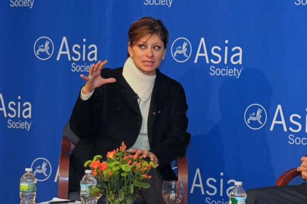 CNBC anchor Maria Bartiromo served as Greenberg's interlocutor for the discussion. (Elsa Ruiz/Asia Society)