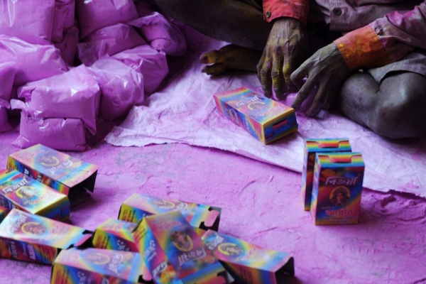 An Indian worker packs colored powder for Holi, near Siliguri, India on March 20, 2013. Holi, observed at the end of the winter season on the last full moon of the lunar month, will be celebrated on March 27, 2013. (Diptendu Dutta/AFP/Getty Images)