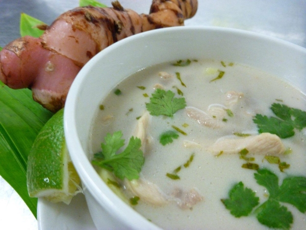Thai chicken and galangal soup (Tom Kha Gai) — a classic Thai soup made from chicken stock, Suva-grown fresh galangal and fresh coconut cream, with bamboo shoots and baby corn. (lanceseeto.com)