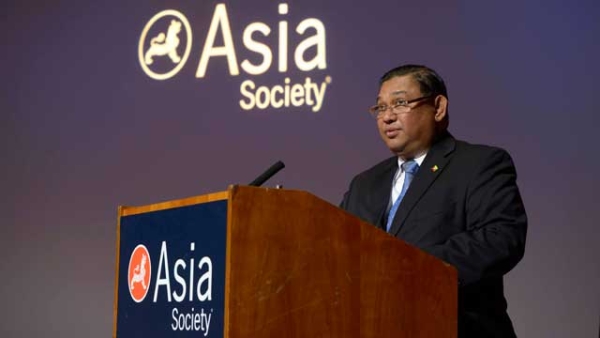 Myanmar Foreign Minister U Wunna Maung Lwin speaking Wednesday, September 25, 2013, at the "Responsible Investment in Myanmar's Future" program at Asia Society in New York. (Elsa Ruiz/Asia Society)
