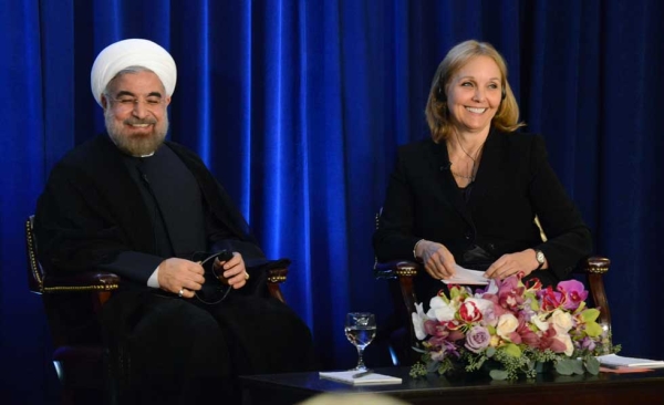 Iranian President Hassan Rouhani and Asia Society President Josette Sheeran in New York City on September 26, 2013. (Kenji Takigami/Asia Society)