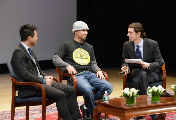 L to R: Kenshiro Uki , Keizo Shimamoto and Michael McAteer onstage at Asia Society New York on December 18, 2013. (Kenji Takigami/Asia Society)