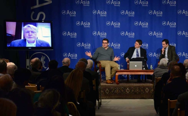 L to R: Mike Boettcher (appearing via Skype), Carlos Boettcher, Tom Nagorski and Bob Woodruff at Asia Society New York on Jan. 22, 2014. (Craig Chesek/Asia Society)