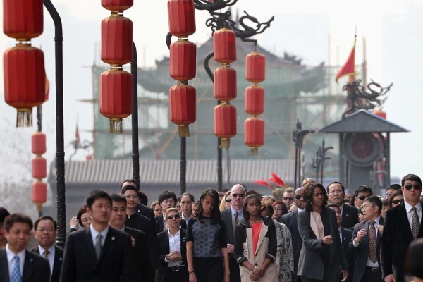 Michelle Obama with her daughters Malia Obama and Sasha Obama and mother Marian Robinson visit the Xi'an City Wall in Xi'an on March 24, 2014. (Feng Li/Getty Images) 