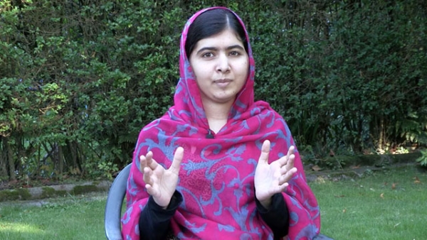 Malala Yousafzai's video address to Asia Society, taped at her home in England, was shown at Asia Society awards ceremony at the United Nations in New York City on October 16, 2014.  