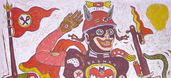 Heri Dono, "Badman (Superheros Serial)" (detail), 2002. Acrylic and collage on canvas, 60 x 50 in. (150 x 125 cm). Courtesy of Tyler Rollins Fine Art.