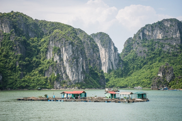 Floating homes on Ha Long Bay in Vietnam, nestled between breathtaking mountain formations. (hermitsmoores/Flickr)