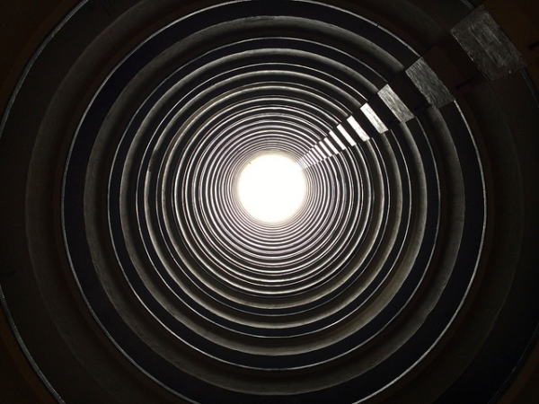A view from the bottom of a cylindrical building in Lai Tak Tsuen, one of the first public housing estates in Hong Kong on May 1, 2014. (yukikei/Flickr)