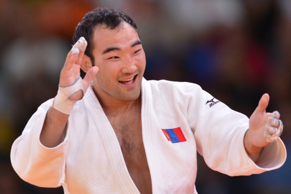 BRONZE: Mongolia's Nyam-Ochir Sainjargal celebrates after winning the bronze medal in the Men's 73kg Judo contest on July 30, 2012. (Johannes Eisele/AFP/GettyImages)