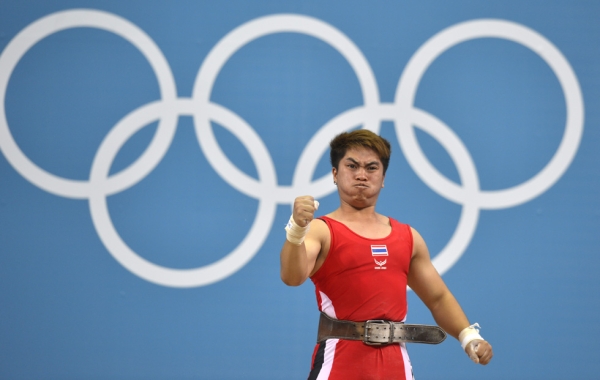 SILVER: Thailand's Pimsiri Sirikaew celebrates after the Women's Weightlifting 58kg Group A event on July 30, 2012. (Yuri Cortez/AFP/GettyImages)