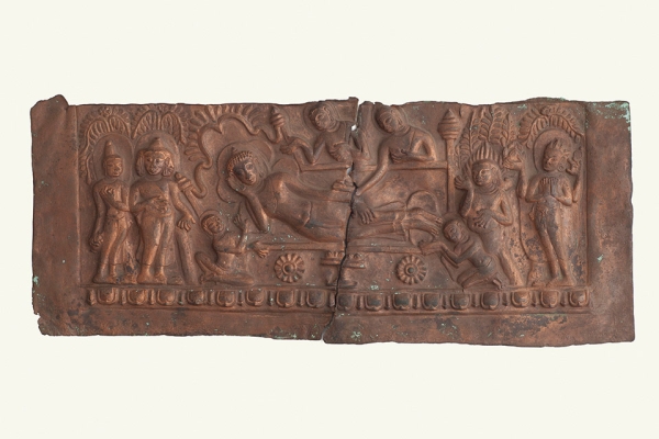 Parinibbana; Pagan period, 11th–13th century; Copper; H. 43/4 x W. 111/4 x D. 1/4 in. (12.1 x 28.6 x 0.6 cm). Bagan Archaeological Museum. (Sean Dungan)