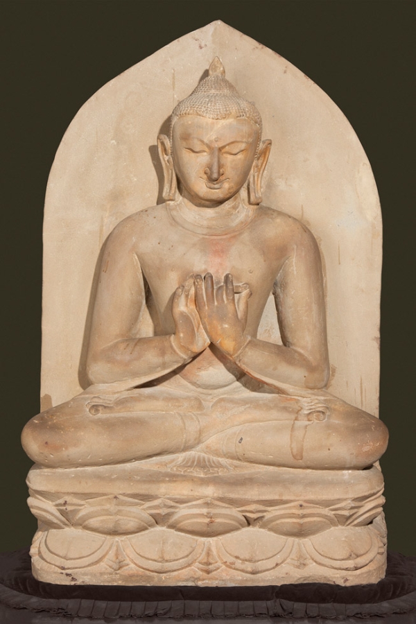 Buddha seated in dharmacakra mudra; Pagan period, 11th century; Sandstone; H. 42 x W. 27 x D. 10 in. (106.7 x 68.6 x 25.4 cm). Bagan Archaeological Museum (Sean Dungan)