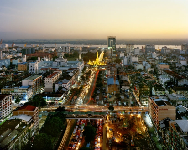 Yangon's Sule Pagoda at dusk as seen from Trader's Hotel (now the "Sule Shangri-la"). (Andrew Rowat)