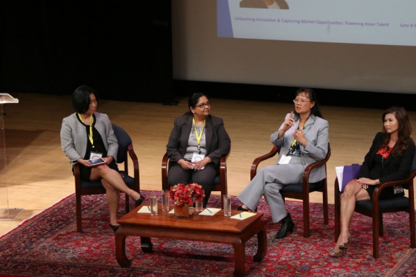 (Left to Right) LEAP President and CEO Linda Akutagawa, Ketki Mehta of KPMG, Kimberly Marcelis of CISCO, and Barbara Pak of Freddie Mac participate in a panel discussion on best practices for developing APA talent. (Ellen Wallop/Asia Society)