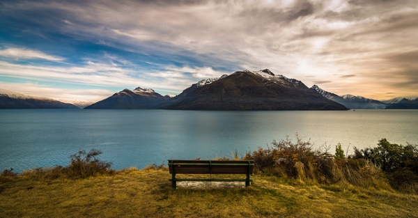 Between Jack's Point and Kelvin Heights near Queenstown, a lone bench looks out over to Cecil Peak in Otago, New Zealand. Photographed on August 12, 2015. (Tom Hall/Flickr)