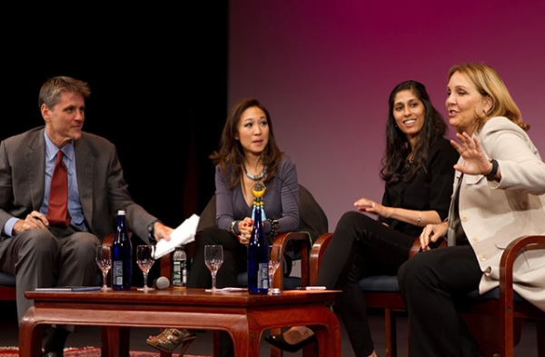 Tom Nagorski, Peggy Liu, Aamina Awan, and Josette Sheeran speak at Asia Society New York. (Stella Könemann)