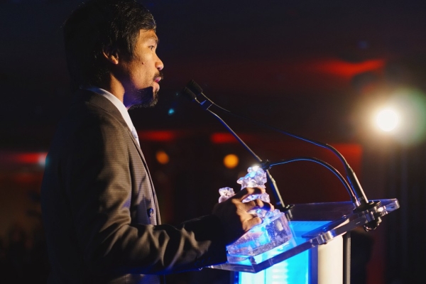 Boxer Manny Pacquiao speaks after being awarded the Asia Game Changer of the Year award on October 13, 2015. (Jamie Watts/Asia Society)