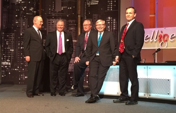 (L to R) John Mearsheimer, Peter Brookes, John Donvan, Kevin Rudd, and Robert Daly onstage before their Intelligence Squared debate on October 14, 2015. (Asia Society/Debra Eisenman)