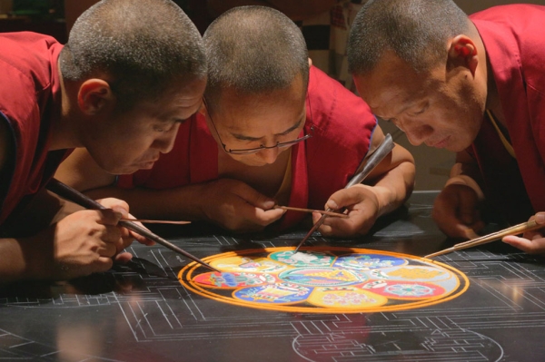 Asia Society's Houston center received nearly 3,300 visitors to watch Tibetan Buddhist monks from Drepung Loseling Monastery in India create an Akshobhya (the Unshakable Victor for Conflict Resolution and Peace) sand mandala in the galleries as a special exhibition in August, 2015. (Joel Luks/Asia Society) 