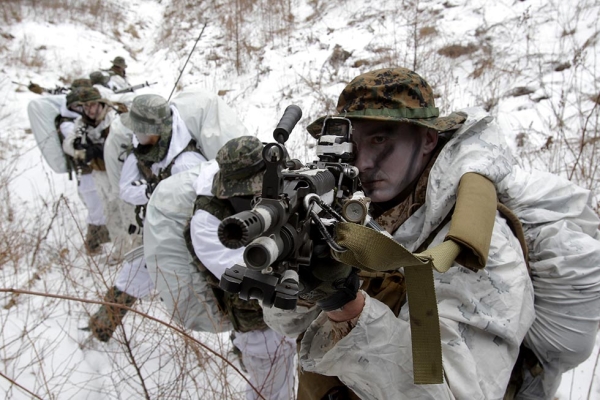 U.S. Marines from 3rd Marine Expeditionary force deployed from Okinawa, Japan, participate in the winter military training exercise with South Korean soldiers on January 28, 2016 in Pyeongchang, South Korea. (Chung Sung-Jun/Getty)