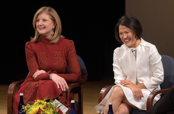 Arianna Huffington, founder of the Huffington Post, and Zhang Xin, CEO of SOHO China, share a laugh during a special conversation about female leadership and their personal and professional journey to success in New York on September 29, 2016. (Asia Society/Elsa Ruiz)