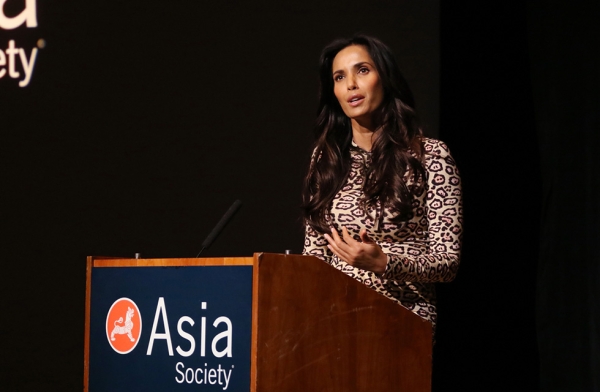 Cookbook author, actress, and television personality Padma Lakshmi discusses her memoir, "Love, Loss, and What We Ate" in New York on March 10, 2016. (Asia Society/Ellen Wallop)