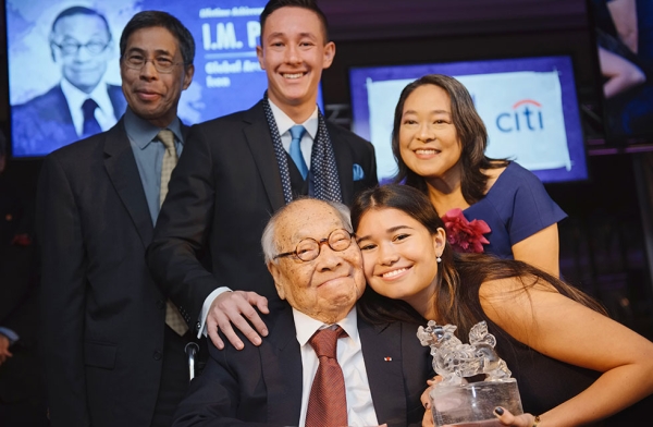 Renowned architect I.M. Pei (seated, middle) is photographed with his family as he accepts the Lifetime Achievement Award at the 2016 Asia Game Changer Awards gala at the United Nations Headquarters in New York on October 27, 2016. (Asia Society/Jamie Watts)