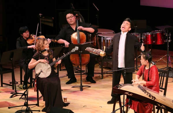 (L-R, foreground) Abigail Washburn, Wu Tong, and Wu Fei, perform compositions that display musical traditions from both the U.S. and China at Asia Society New York on February 28, 2017. (Asia Society/Ellen Wallop)