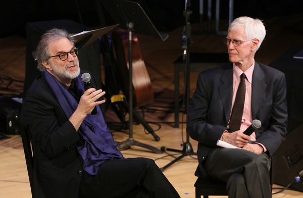 Visual artist Clifford Ross (L) in conversation with Arthur Ross director of the Center on U.S.-China Relations Orville Schell at Asia Society New York after his collaborative performance with musician Wu Tong on February 28, 2017. (Asia Society/Ellen Wallop)