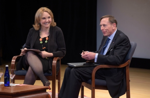 Asia Society President and CEO Josette Sheeran shares a laugh with General (Ret.) David Petraeus at Asia Society in New York on April 11, 2017. (Elsa Ruiz/Asia Society)