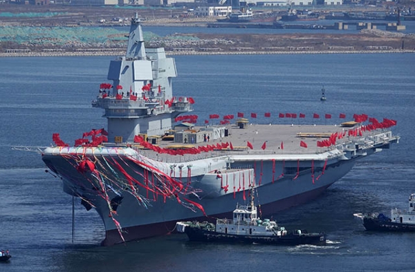 China's second aircraft carrier during a launch ceremony at Dalian shipyard on April 26, 2017. (STR/AFP/Getty)