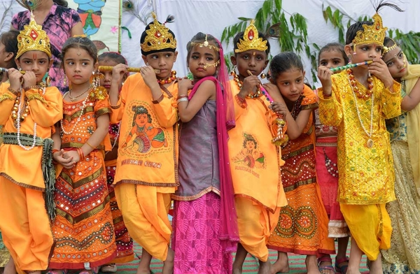 Indian children dressed as the Hindu deities Krishna and Radha attend an event at a school in Amritsar on August 12, 2017, ahead of Indian Independence Day on August 15. (Narinder Nanu/AFP/Getty)