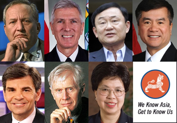 Clockwise, from top left: Larry Summers, Samuel J. Locklear III, Thaksin Shinawatra, Gary Locke, George Stephanopoulos, Orville Schell, and Margaret Chan.
