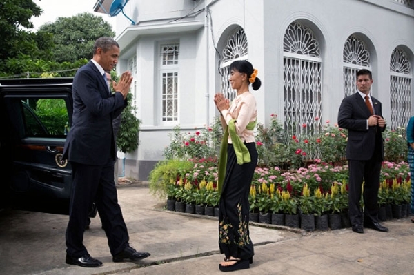 U.S. President Barack Obama is greeted by Aung San Suu Kyi during a stop at her private residence in Yangon on November 19, 2012. (Pete Souza/U.S. Department of State)