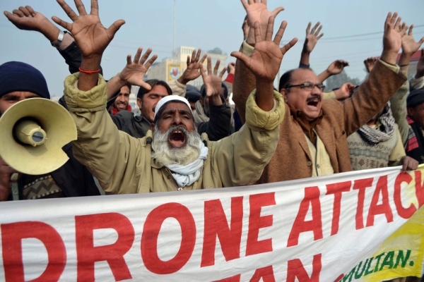 Pakistani demonstrators shout anti-US slogans during a protest in Multan on January 8, 2013, against the drone attacks in Pakistan's tribal areas. (S.S Mirza/AFP/Getty Images)