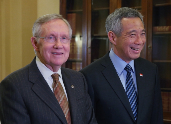 Senate Majority Leader Harry Reid (D-NV) (L) meets with Prime Minister Lee Hsien Loong of Singapore, on Capitol Hill, June 23, 2014 in Washington, DC. Prime Minister Lee Loong is on a six-day working visit to Washington. (Mark Wilson/Getty Images)