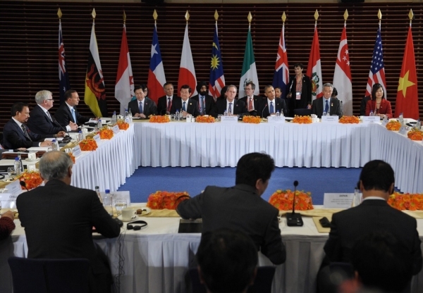 Leaders from the Trans-Pacific Partnership take part in a meeting at the U.S. Embassy in Beijing on November 10, 2014. From left: Vietnam’s Vu Hu Hoang, U.S. Trade Representative Mike Froman, U.S. President Barack Obama, Singapore Prime Minister Lee Hsien Loong, and Singapore’s Ow Foong Pheng. (Mandel Ngan/Getty Images)