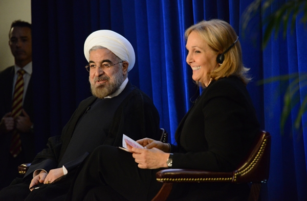 Iranian President Hassan Rouhani speaks with Asia Society President Josette Sheeran in New York on September 26, 2013. (Kenji Takigami/Asia Society)