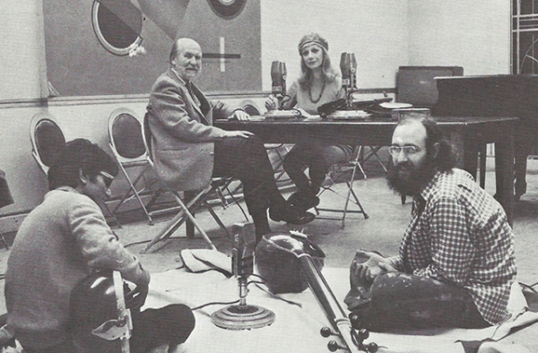 On Asia Society’s “Window on Asia” radio program in 1972, Lee Graham interviews Dr. Willard Rhodes about Indian played by Vasant Rai (L), accompanied by Donald Heller (R). (Asia Society)
